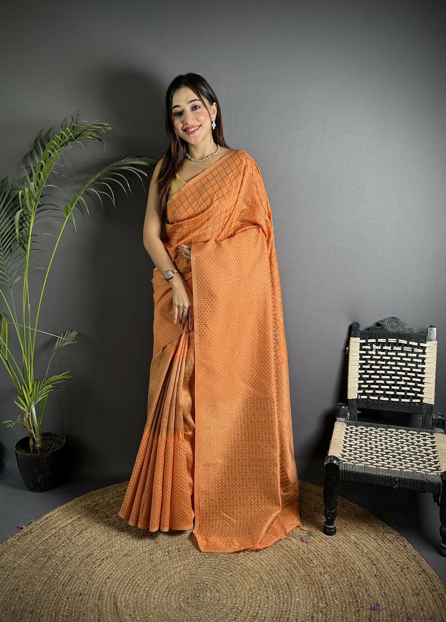 Vibrant Orange Banarasi Soft Lichi Silk saree with woven checks pattern