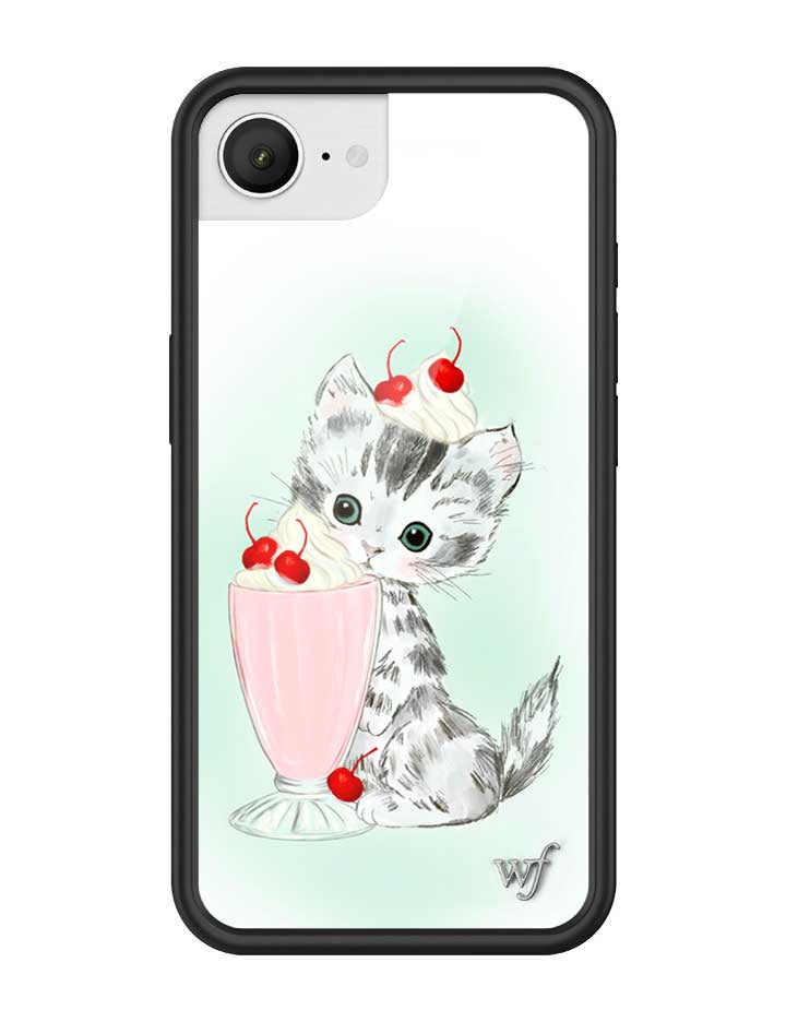 Kitty Shake illustration iPhone case featuring a kitten with a strawberry milkshake on a black bumper.
