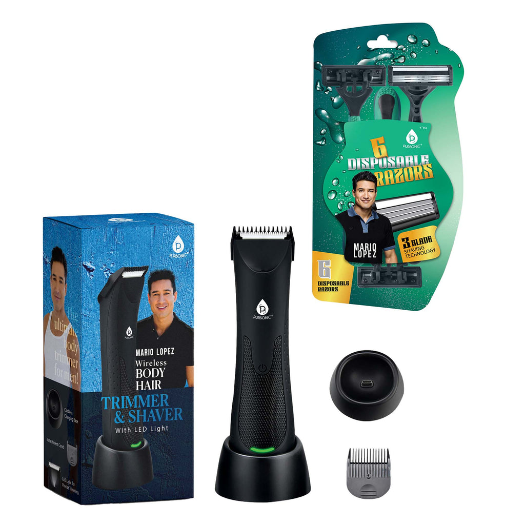 Pursonic Mario Lopez wireless body hair trimmer kit with base and pack of disposable razors