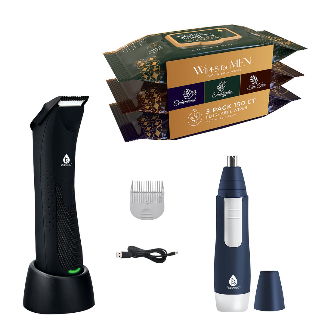 Pursonic mens grooming bundle including wireless body trimmer, nose and ear hair trimmer, and a 3-pack of assorted face and body wipes.