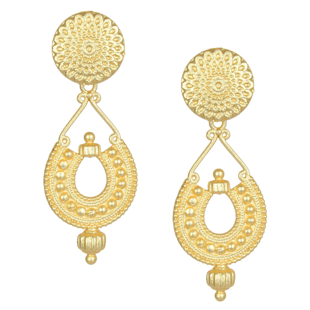 A pair of intricate handcrafted matte gold brass earrings for women