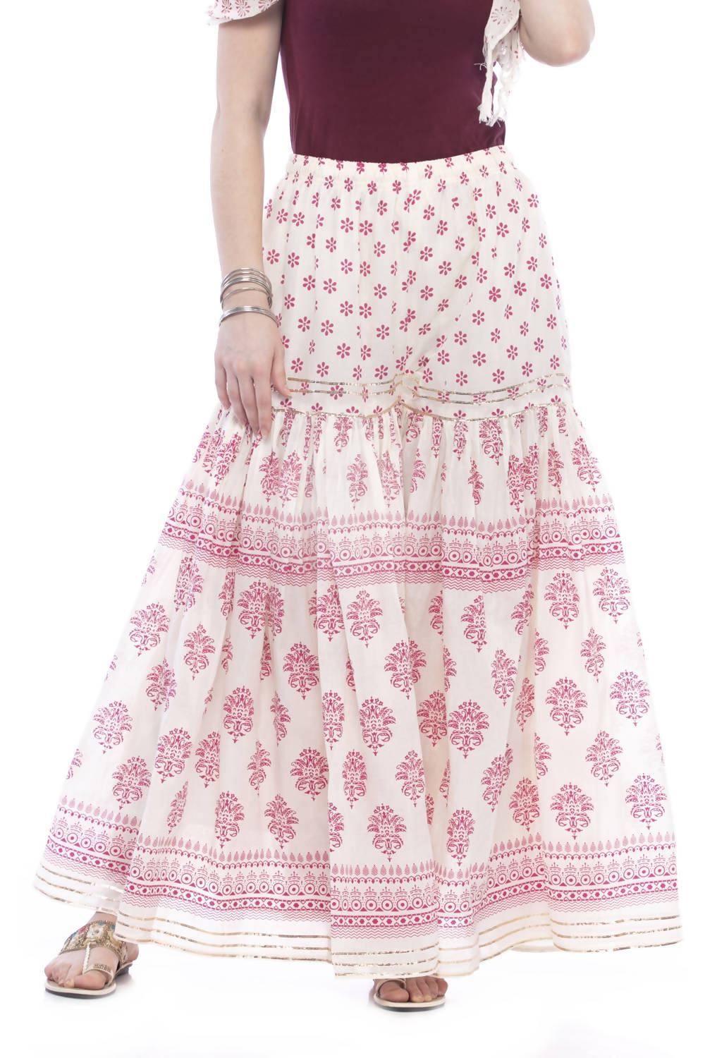 Off White and Maroon cotton palazzo with block print and delicate lace trim detail