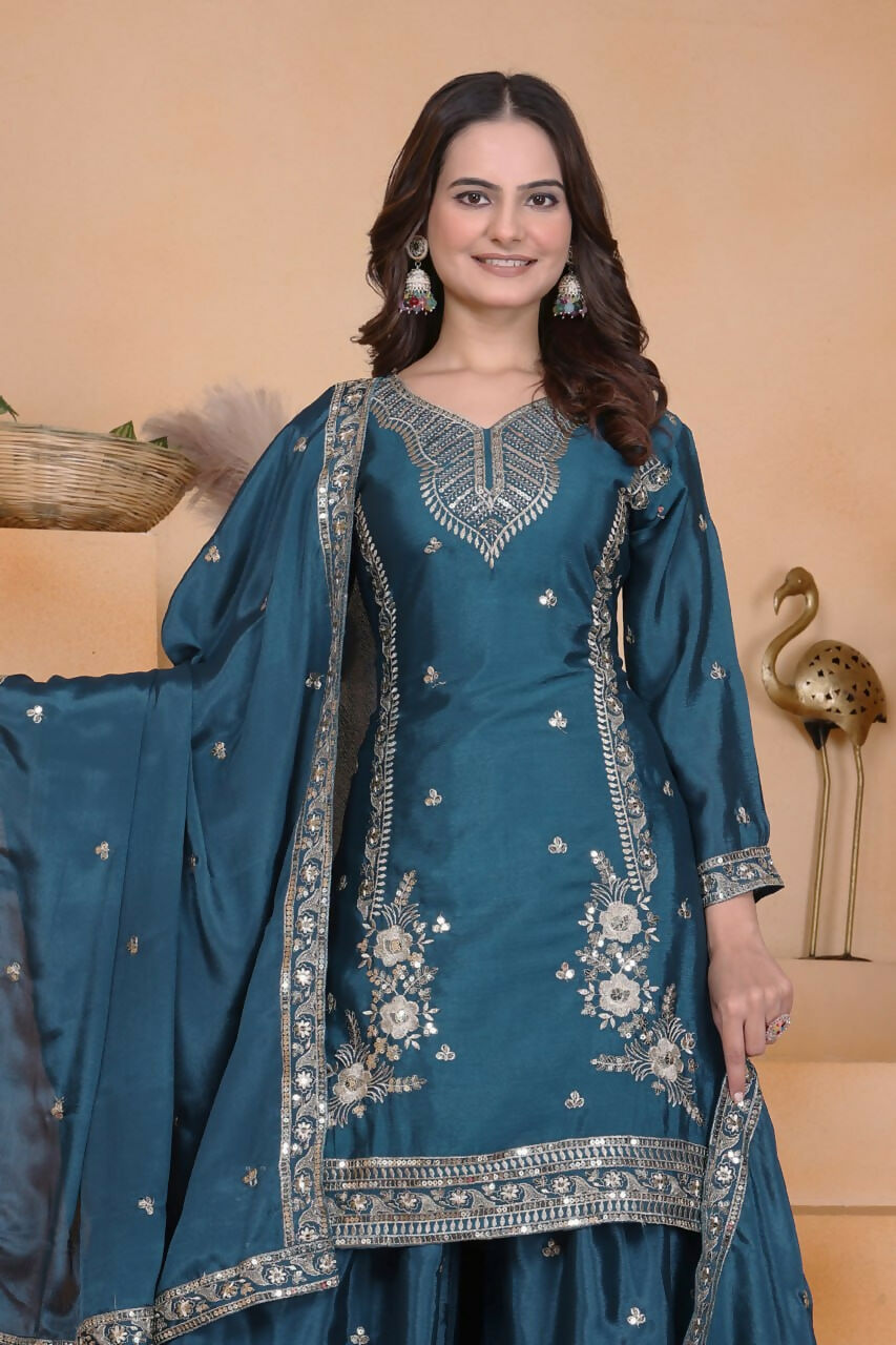 Teal Crepe Embroidered Sharara Set - Festive Kurti Outfit
