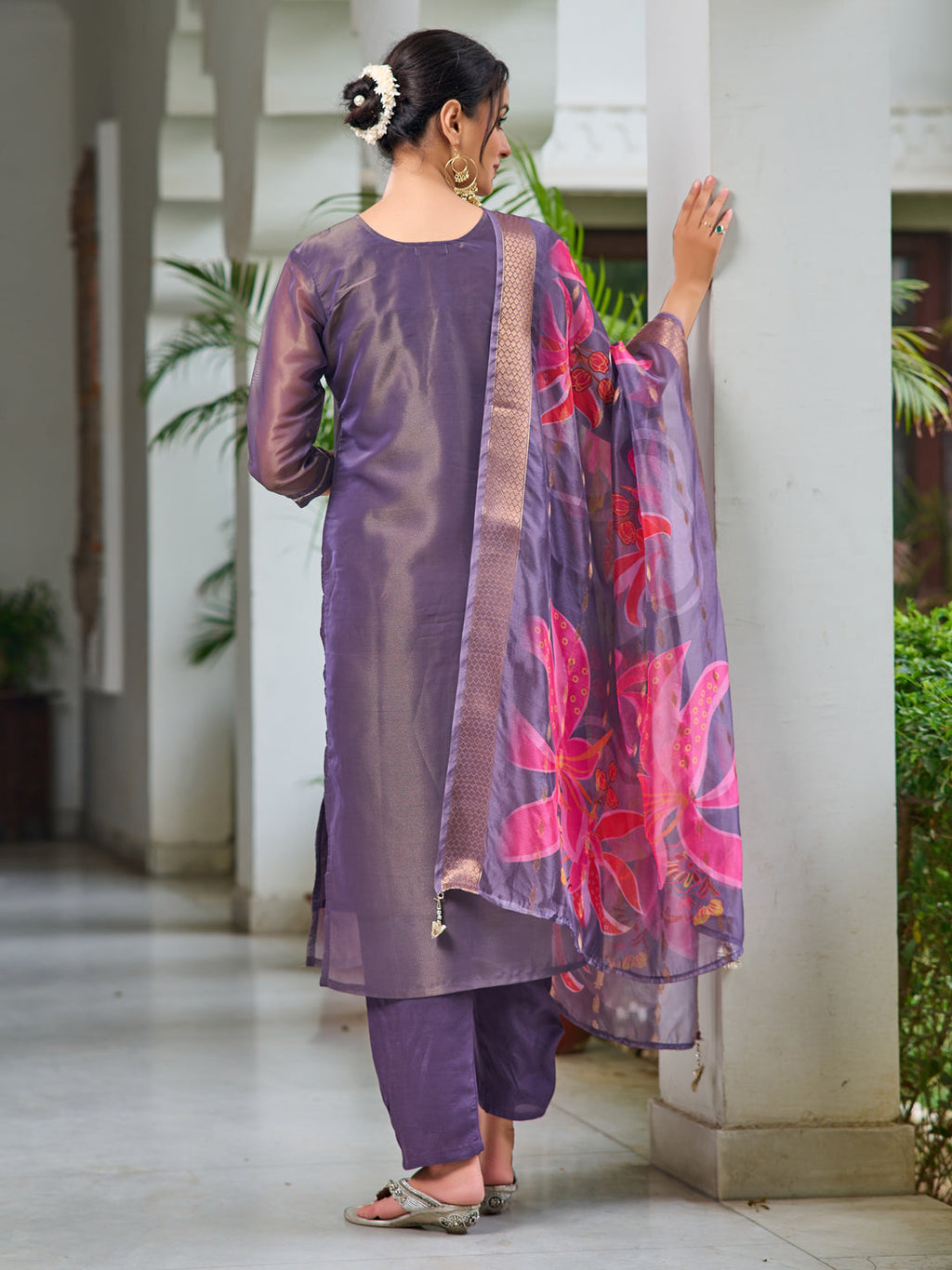 Purple Hand Embroidered Silk Kurta Set with Organza Dupatta