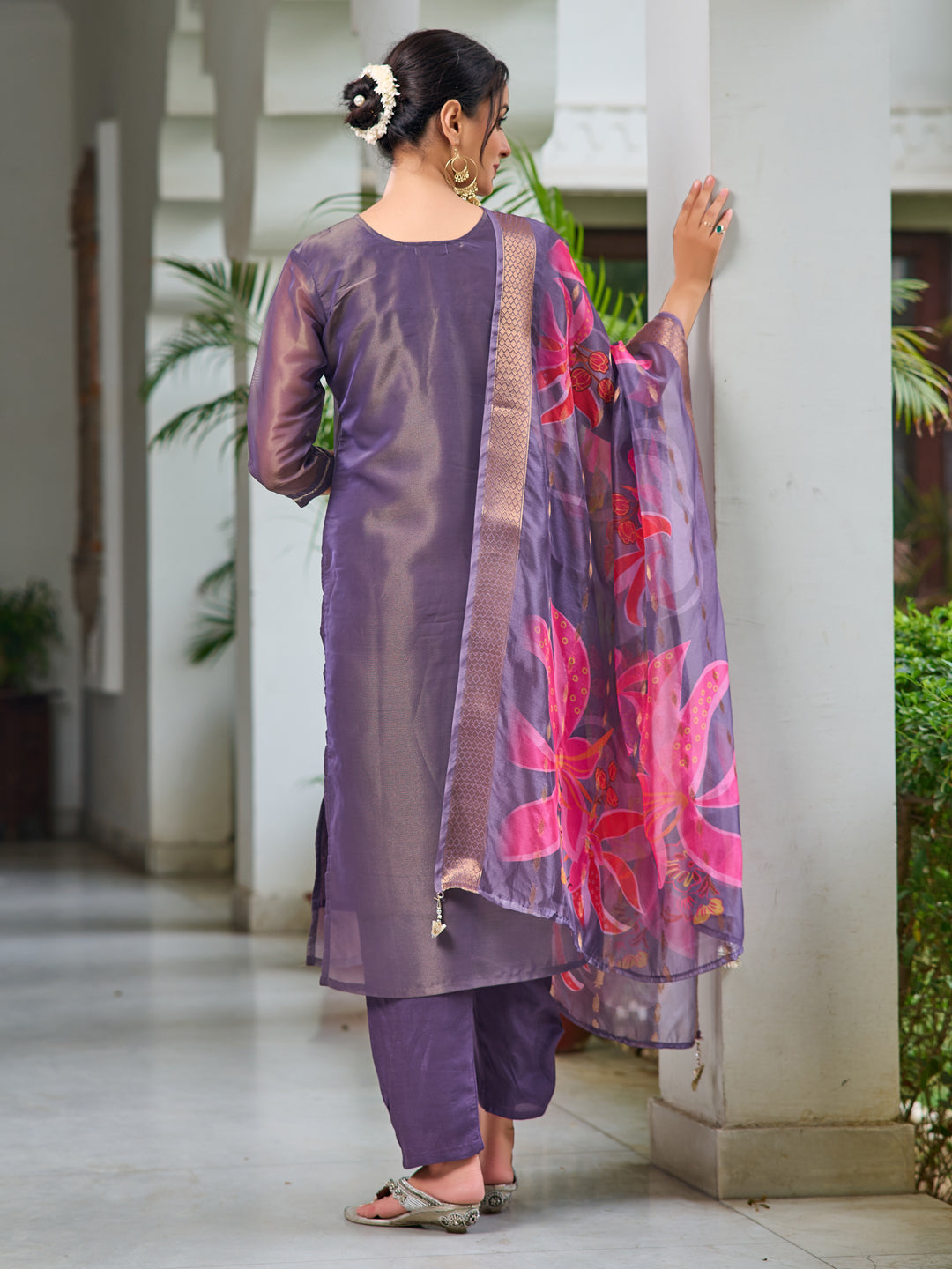 Purple Hand Embroidered Silk Kurta Set with Organza Dupatta