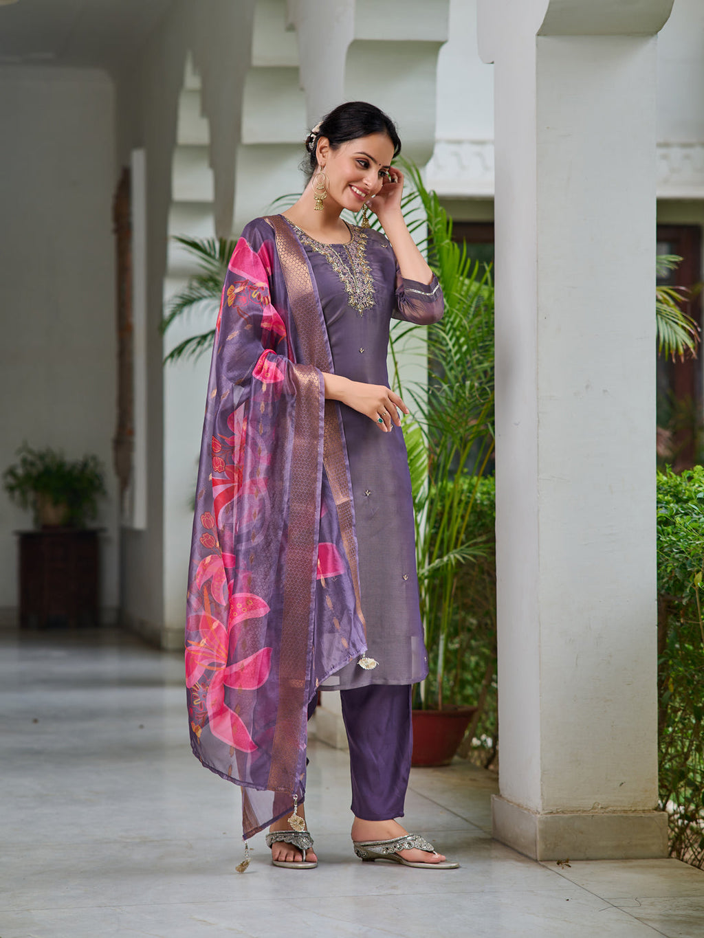 Purple Hand Embroidered Silk Kurta Set with Organza Dupatta