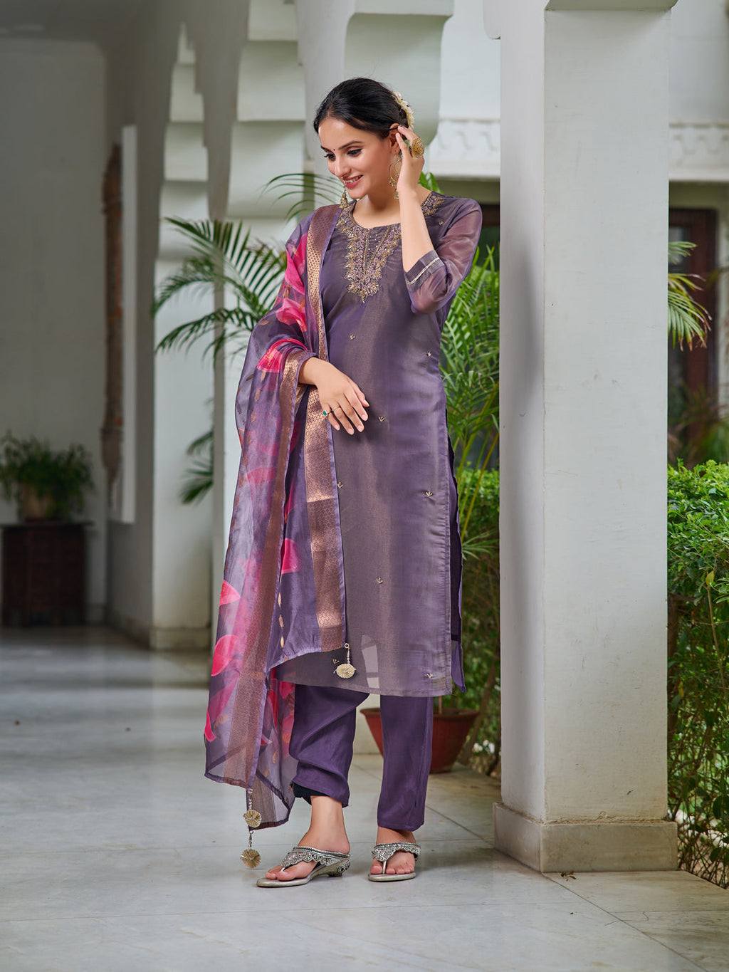 Purple Hand Embroidered Silk Kurta Set with Organza Dupatta
