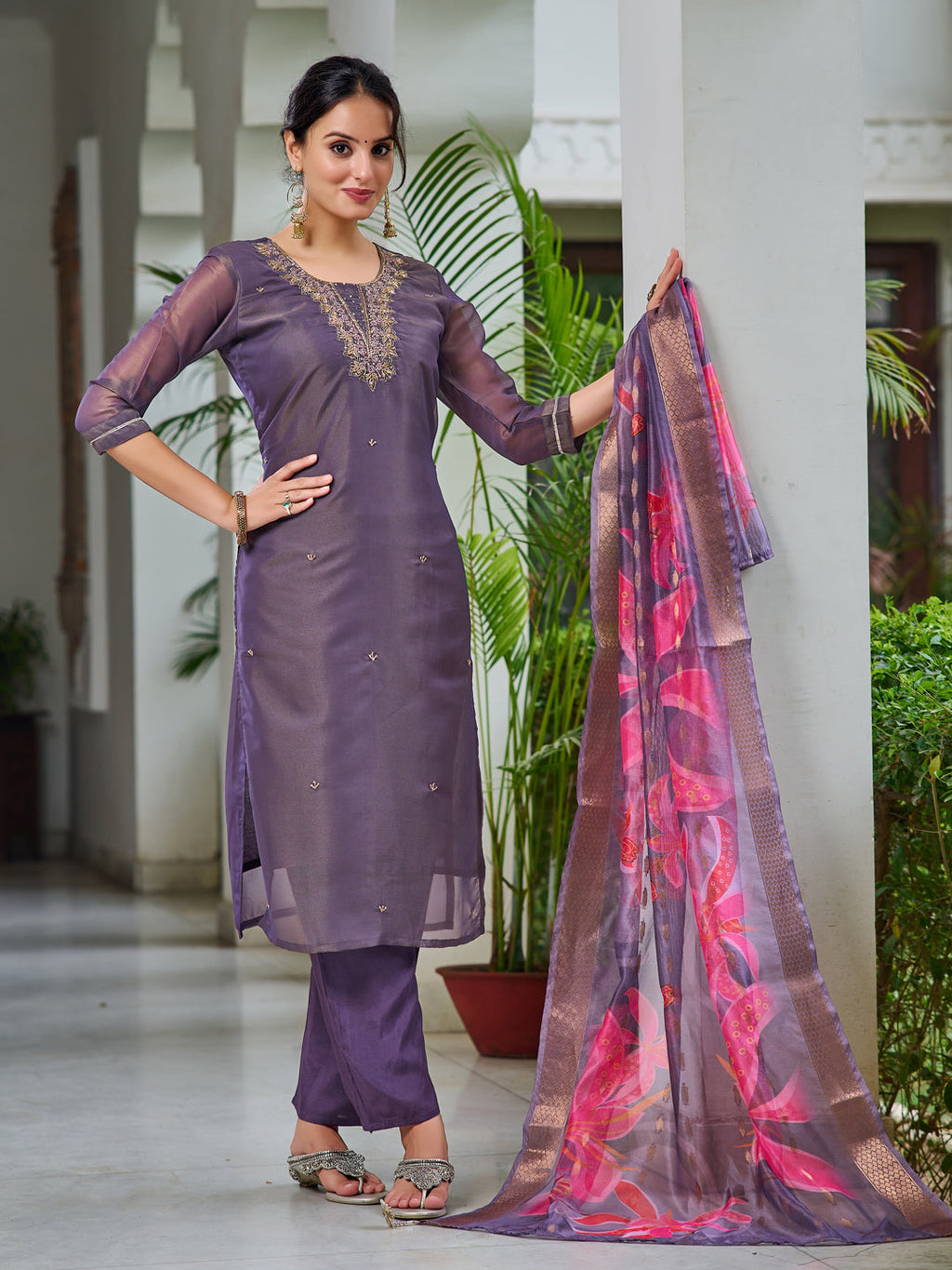 Elegant purple hand embroidered silk kurta set with matching pants and a printed organza dupatta