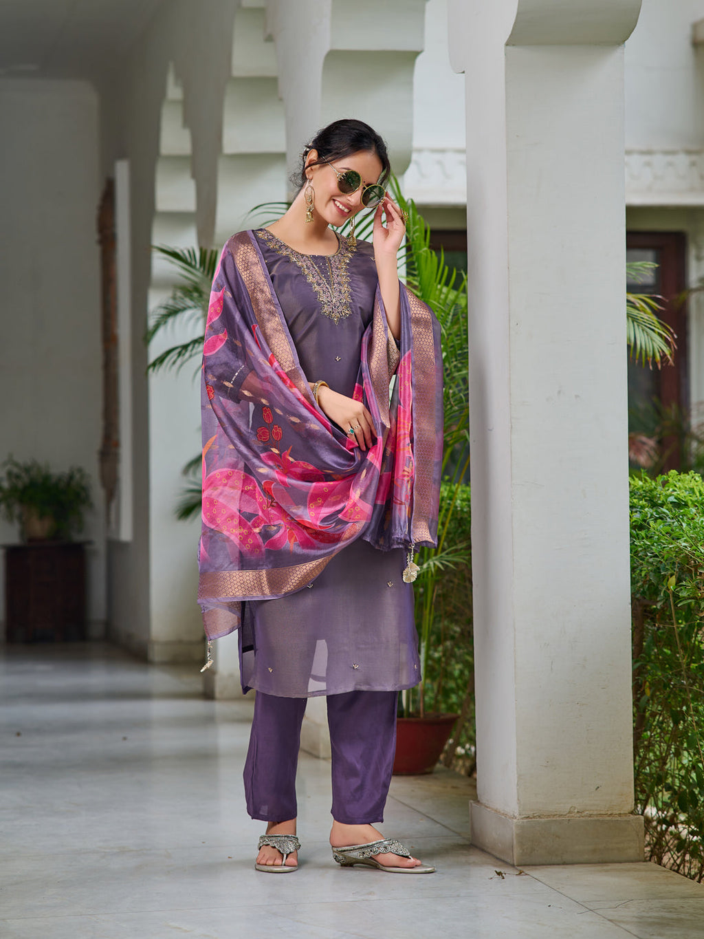 Purple Hand Embroidered Silk Kurta Set with Organza Dupatta