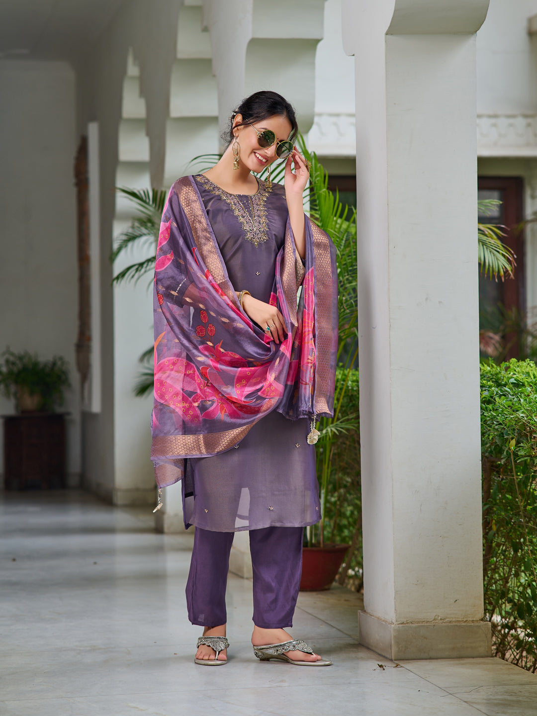 Purple Hand Embroidered Silk Kurta Set with Organza Dupatta