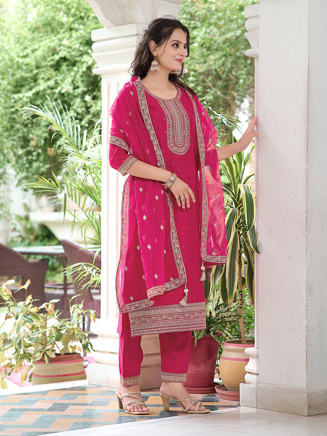 Pink Embroidered Chanderi Kurta Set with Pant and Dupatta