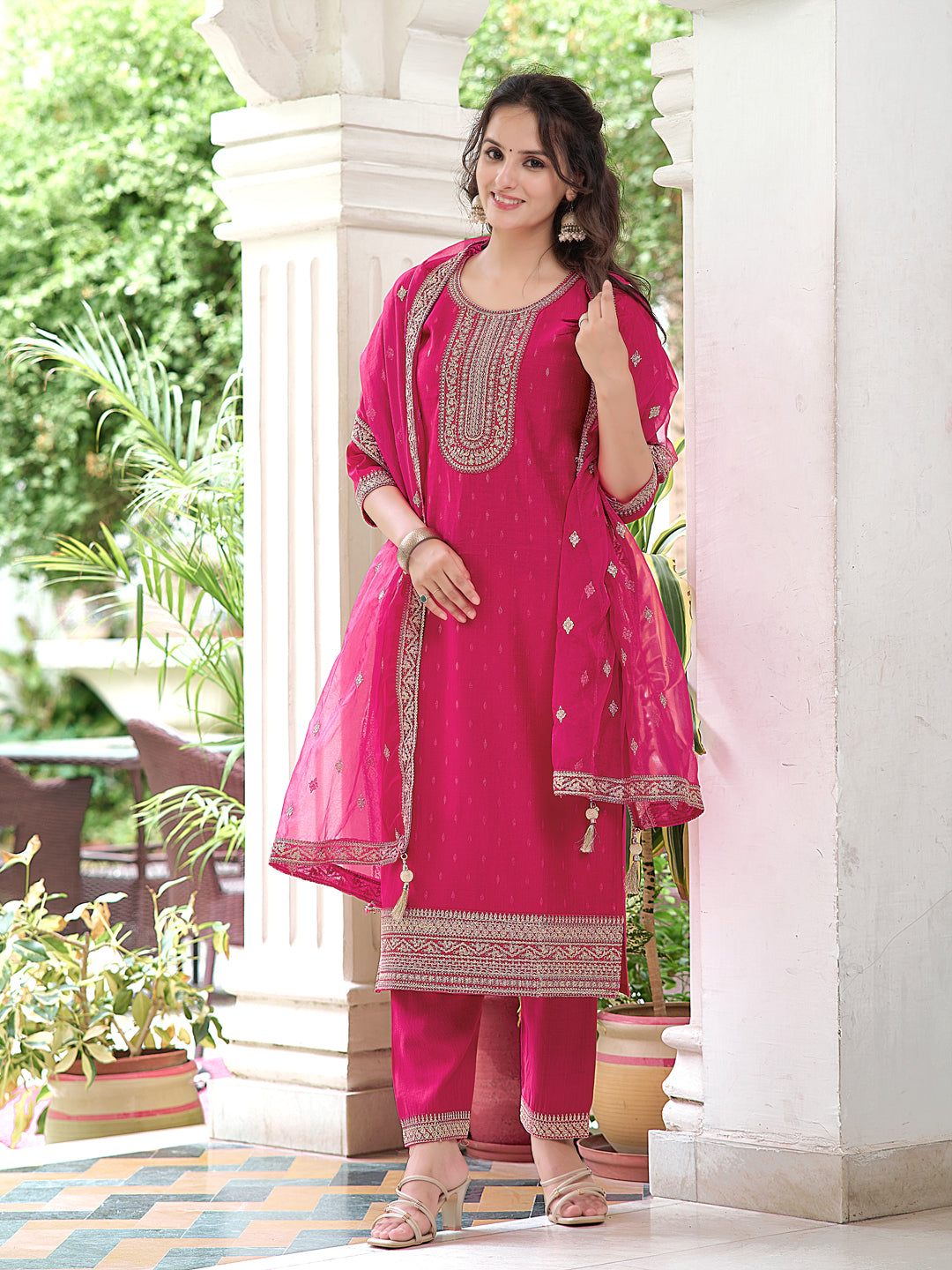 Pink Embroidered Chanderi Kurta Set with Pant and Dupatta