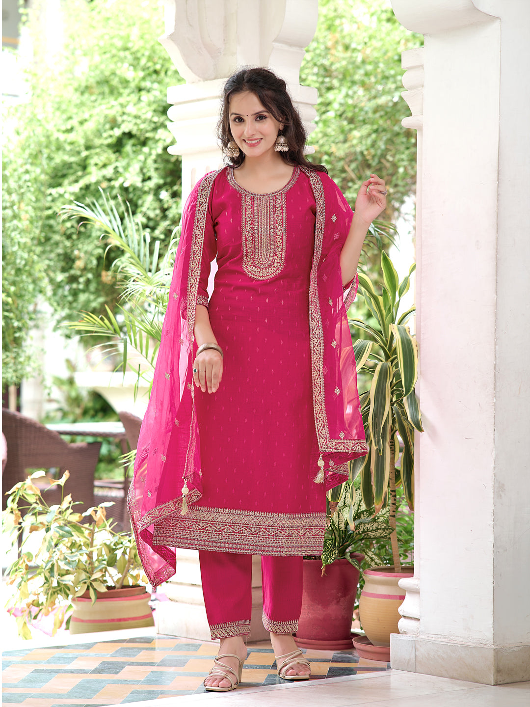 Elegant pink Chanderi kurta set with intricate embroidery, matching pants, and dupatta