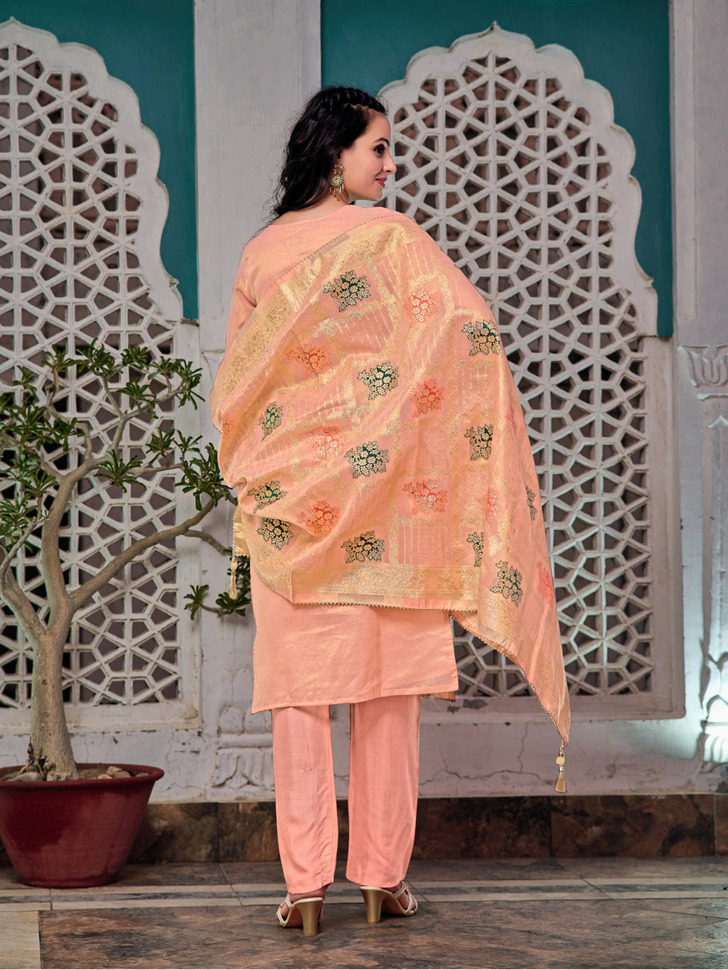 Peach Embroidered Jacquard Silk Kurta Set with Banarasi Dupatta