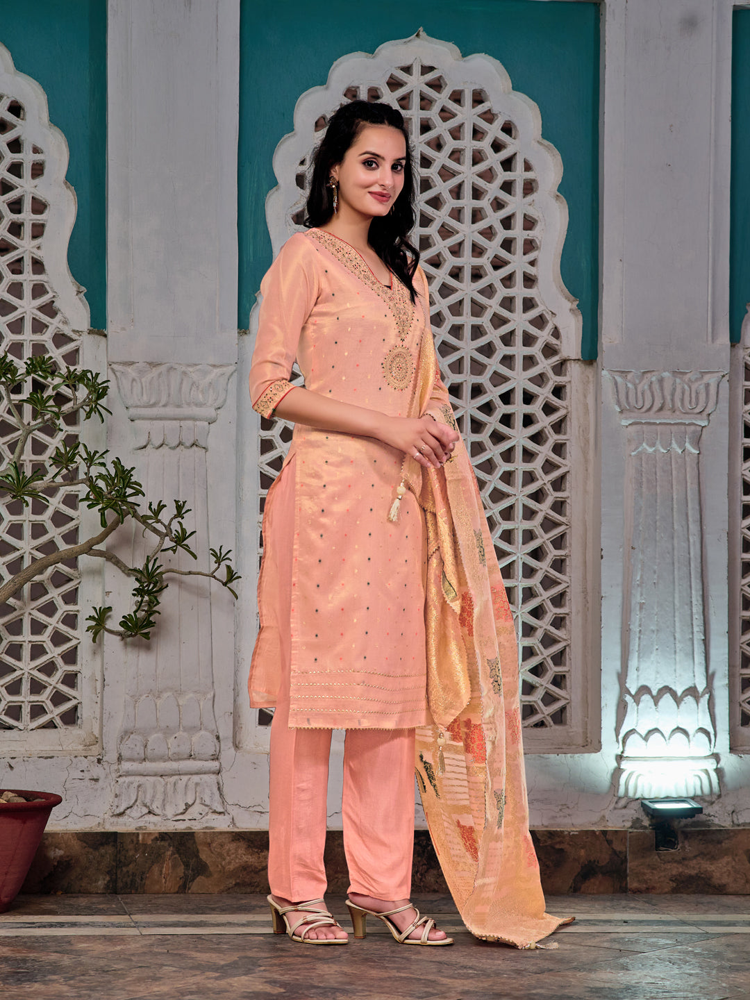 Peach Embroidered Jacquard Silk Kurta Set with Banarasi Dupatta