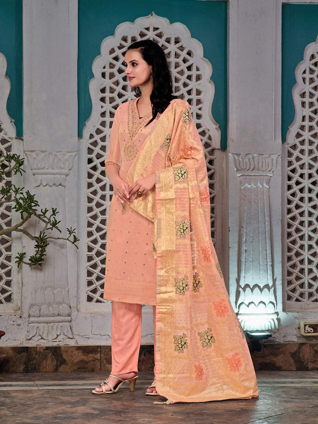Peach Embroidered Jacquard Silk Kurta Set with Banarasi Dupatta