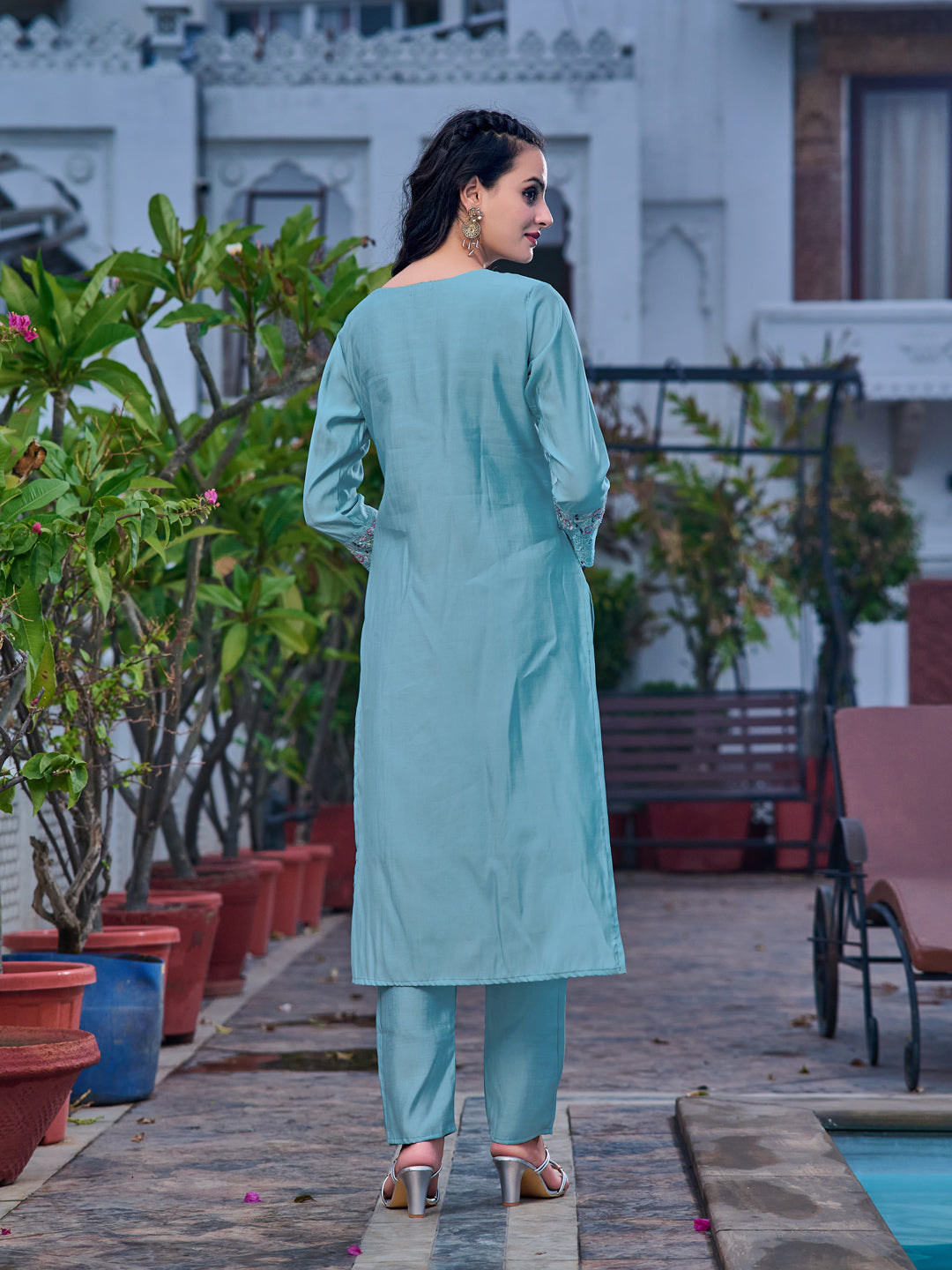 Blue Embroidered Kurta with Pant and Printed Organza Dupatta