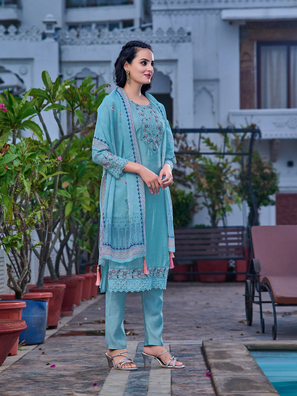 Blue Embroidered Kurta with Pant and Printed Organza Dupatta