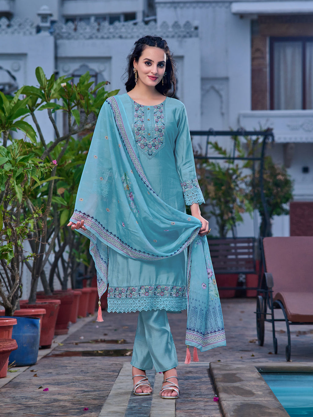 Blue embroidered Chanderi kurta with printed organza dupatta and pant