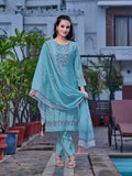 Blue embroidered Chanderi kurta with printed organza dupatta and pant