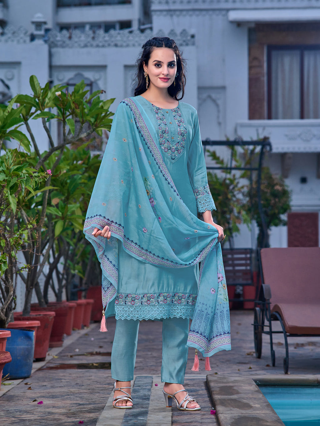 Blue Embroidered Kurta with Pant and Printed Organza Dupatta