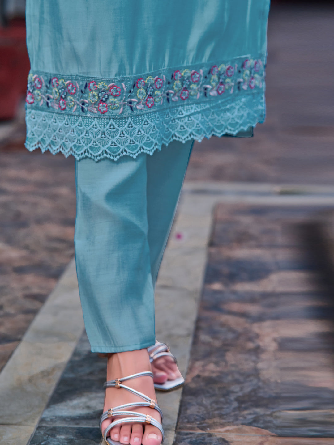 Blue Embroidered Kurta with Pant and Printed Organza Dupatta