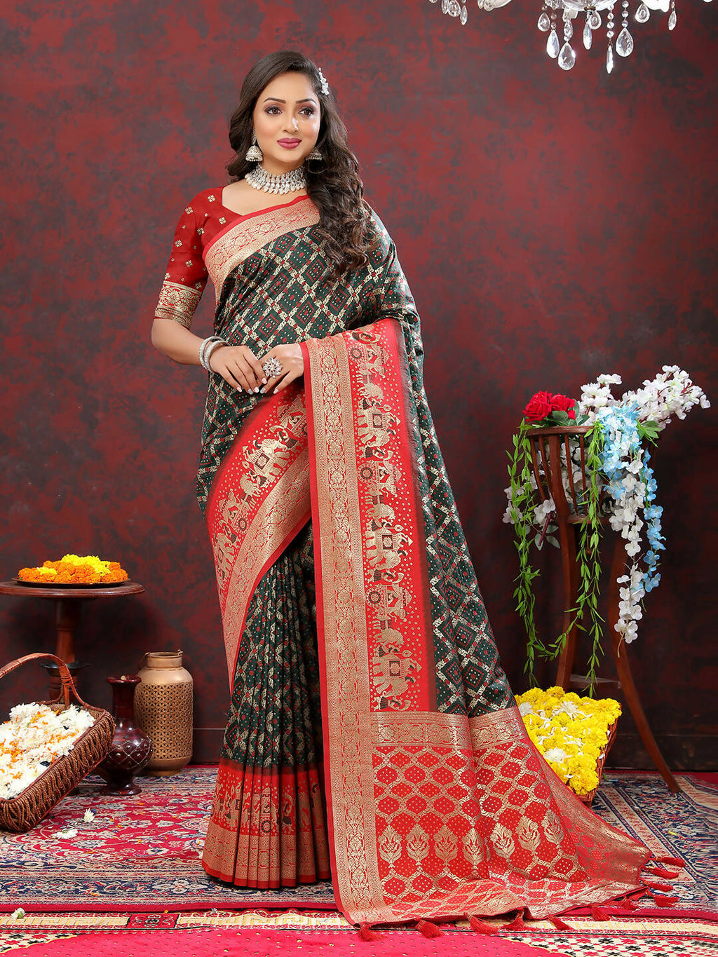 Green & Red Patola Silk Saree with Meenakari Weaving