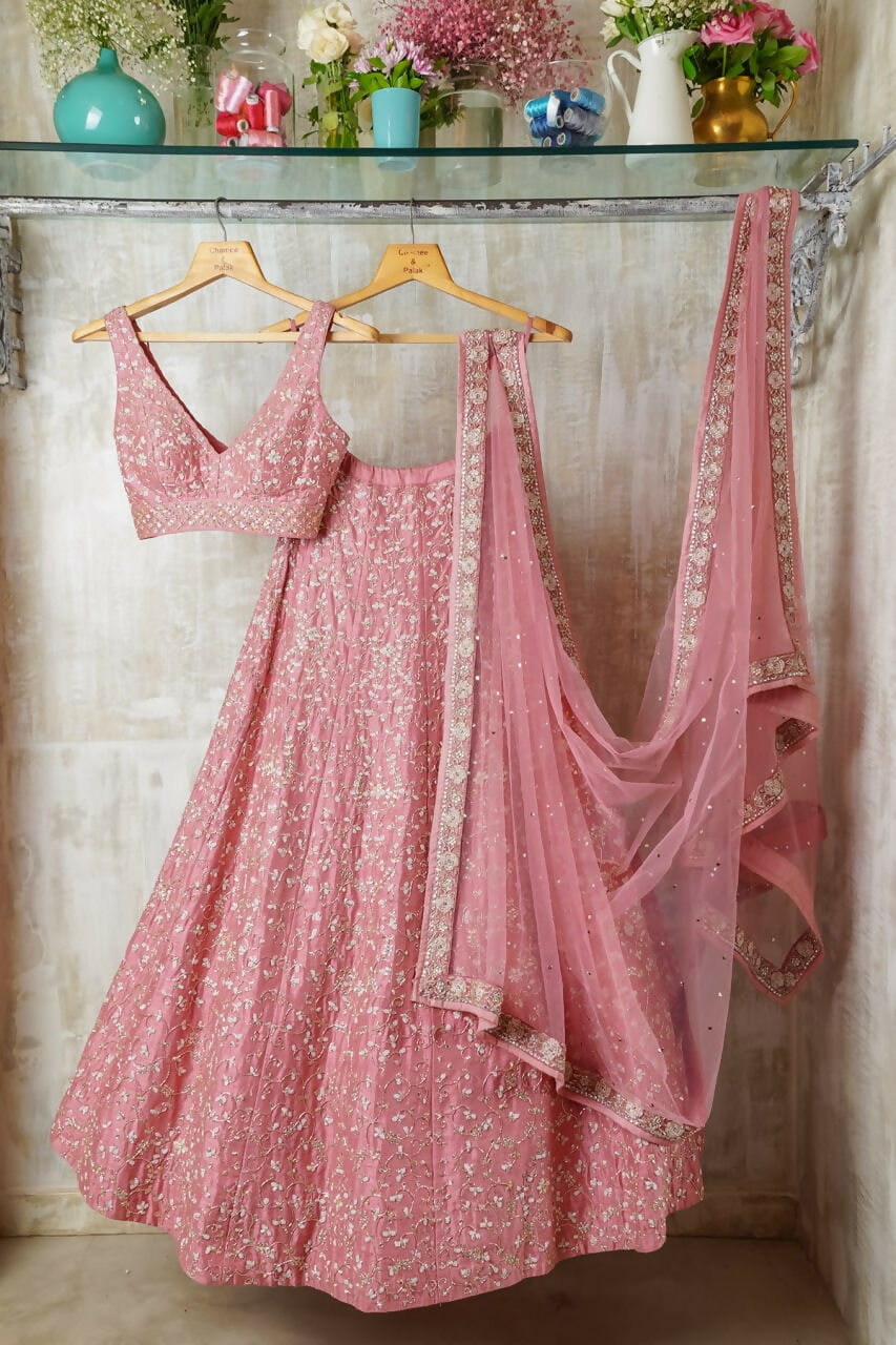 Peach Malai Satin Silk Lehenga Choli with Zari Sequins Embroidery