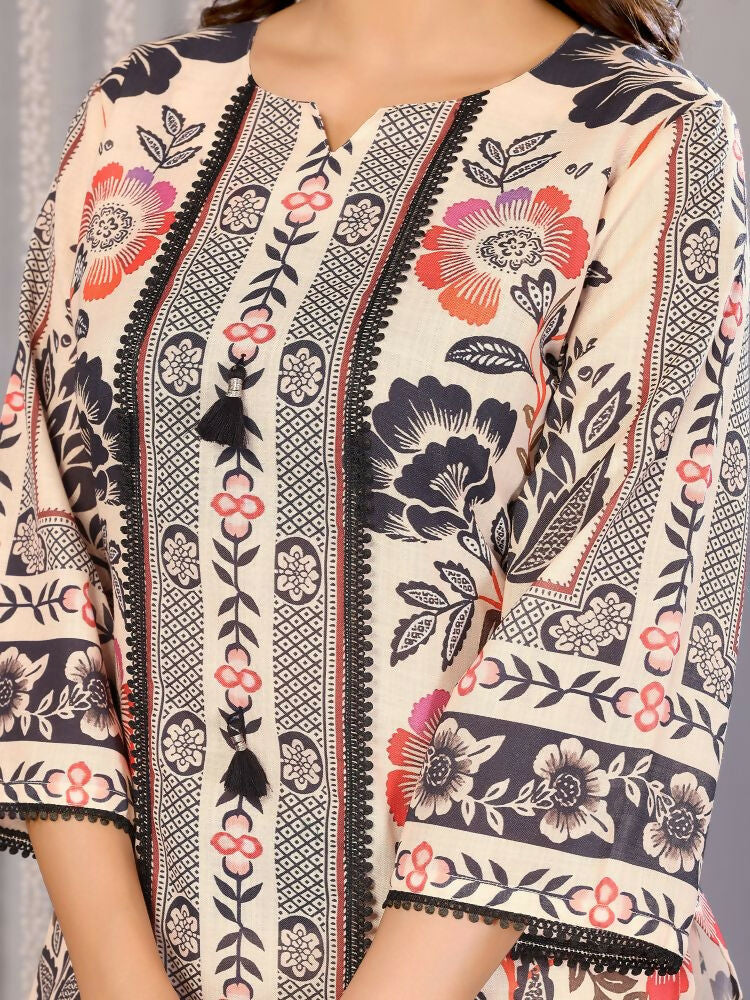 Cream Linen Printed Kurta Set with Notch Neck
