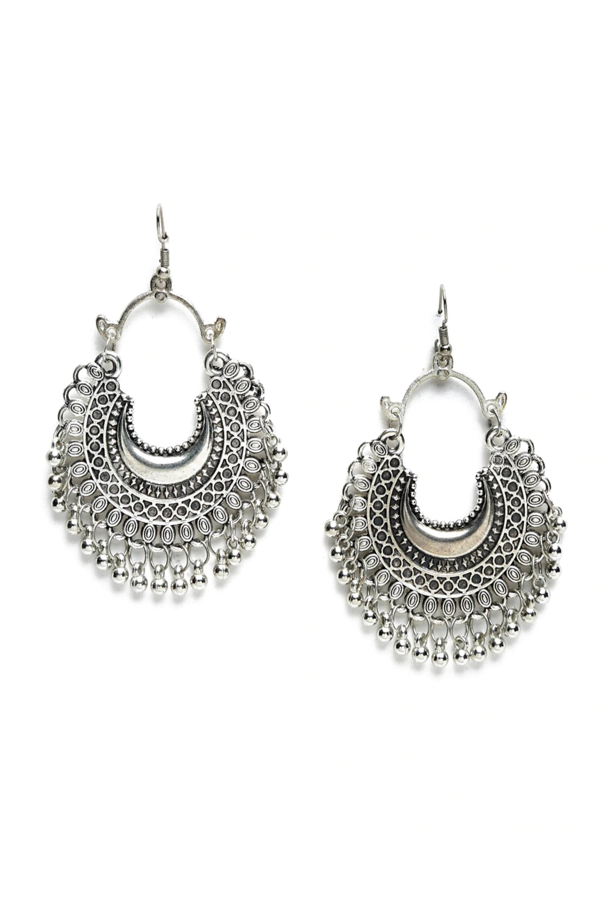 Oxidised silver-plated Chandbali earrings featuring intricate patterns