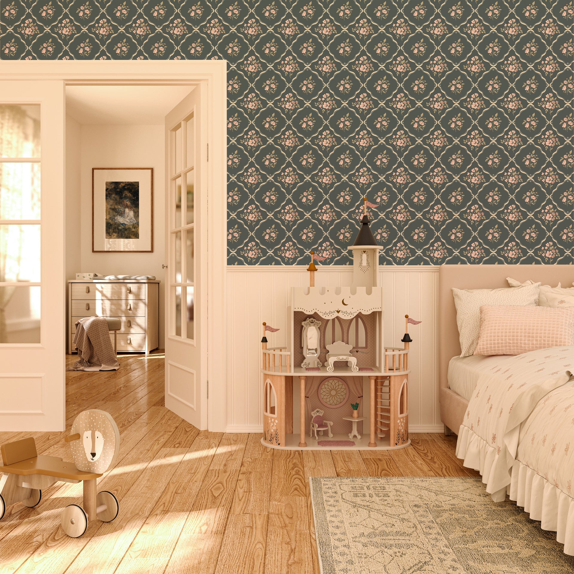 Nina Floral Wallpaper in Off-White, Charcoal, and Deep-Red