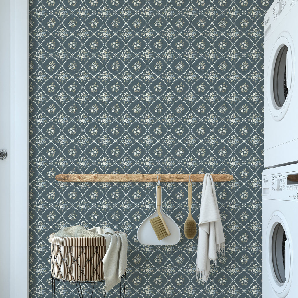Nina Floral Wallpaper in Off-White, Charcoal, and Deep-Red