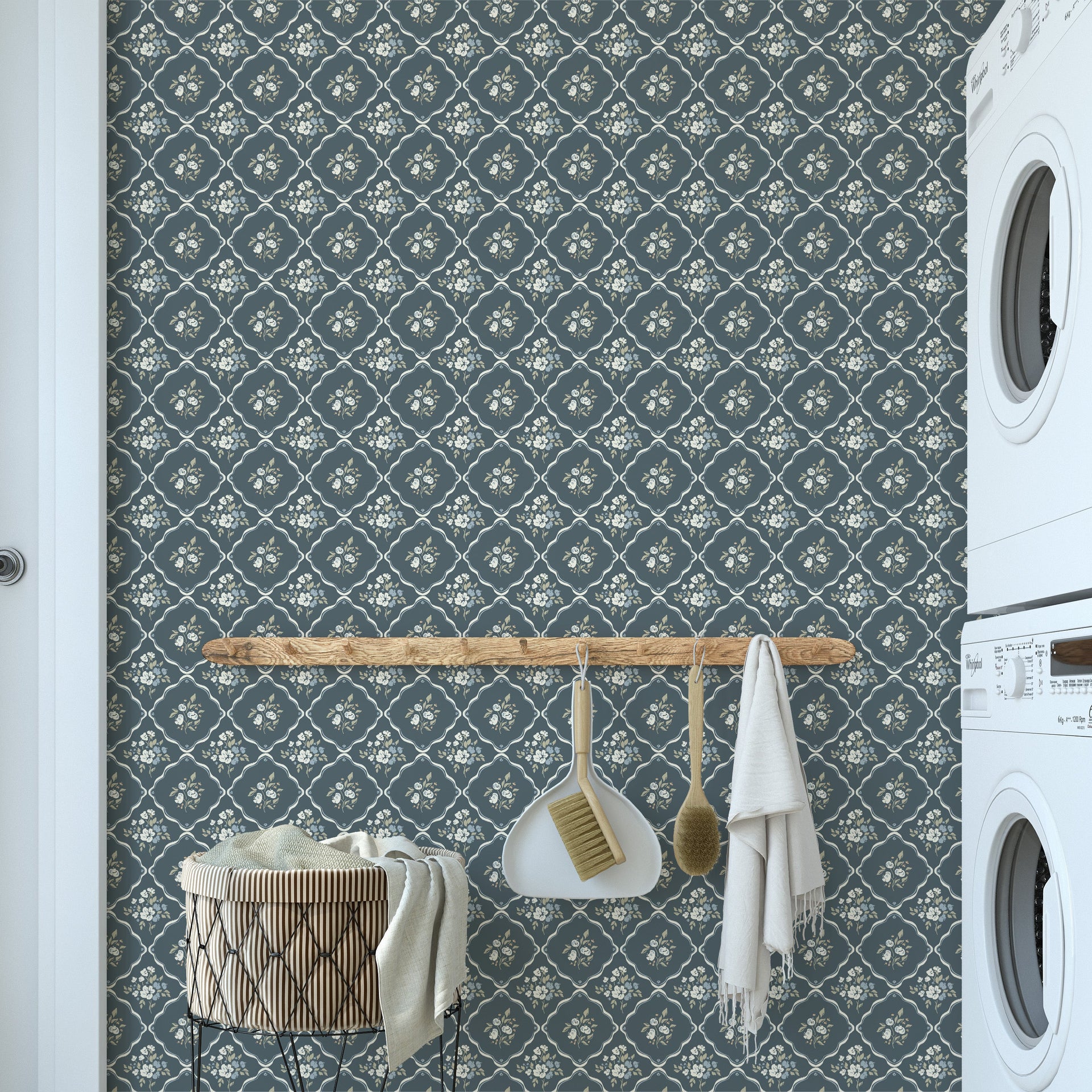 Nina Floral Wallpaper in Off-White, Charcoal, and Deep-Red