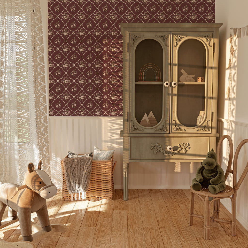 Nina Floral Wallpaper in Off-White, Charcoal, and Deep-Red