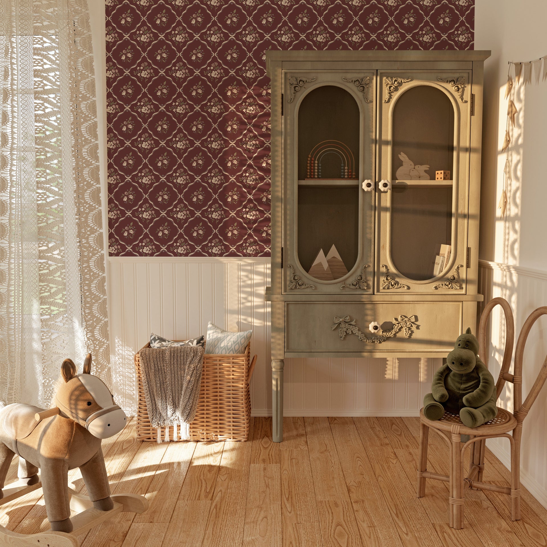 Nina Floral Wallpaper in Off-White, Charcoal, and Deep-Red