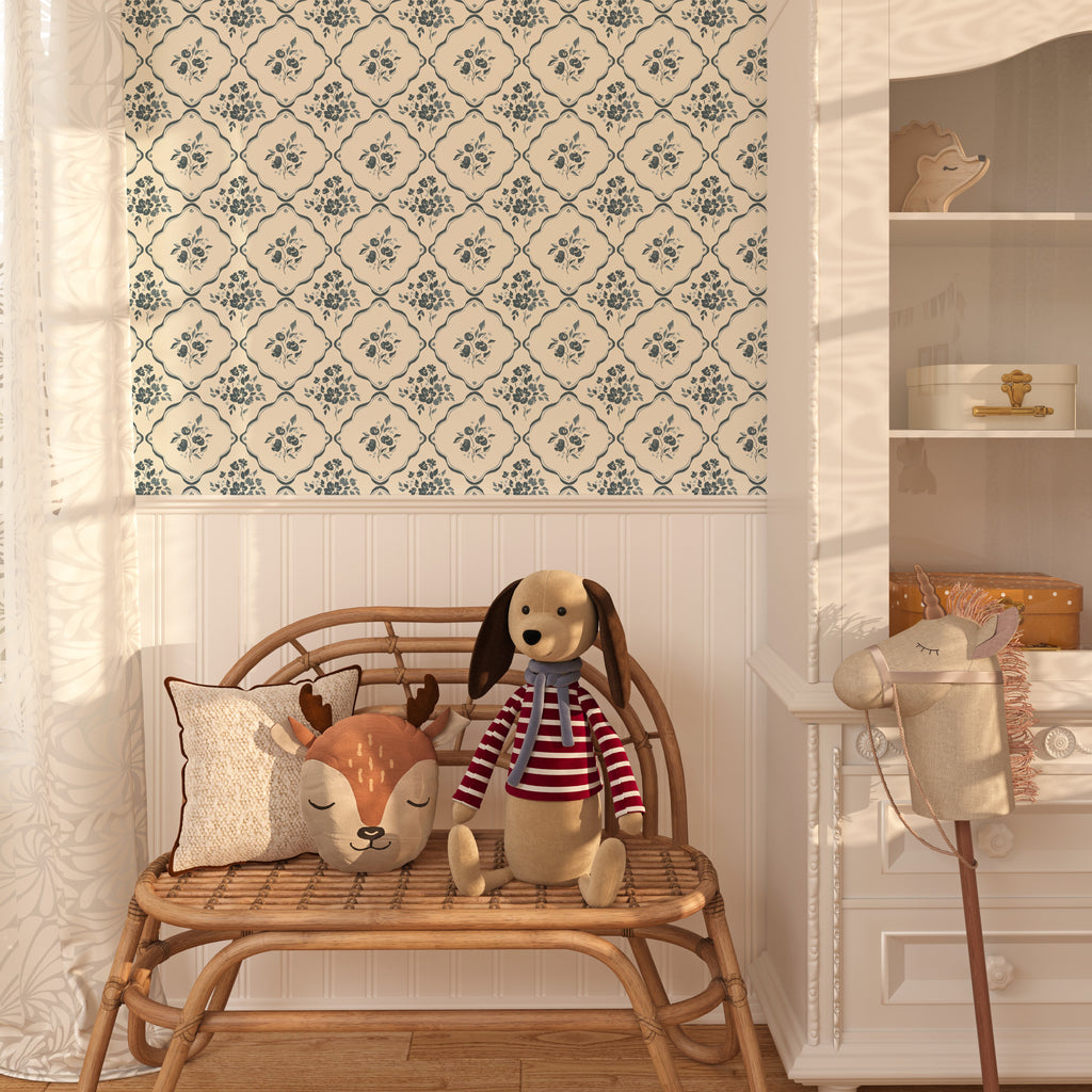 Nina Floral Wallpaper in Off-White, Charcoal, and Deep-Red