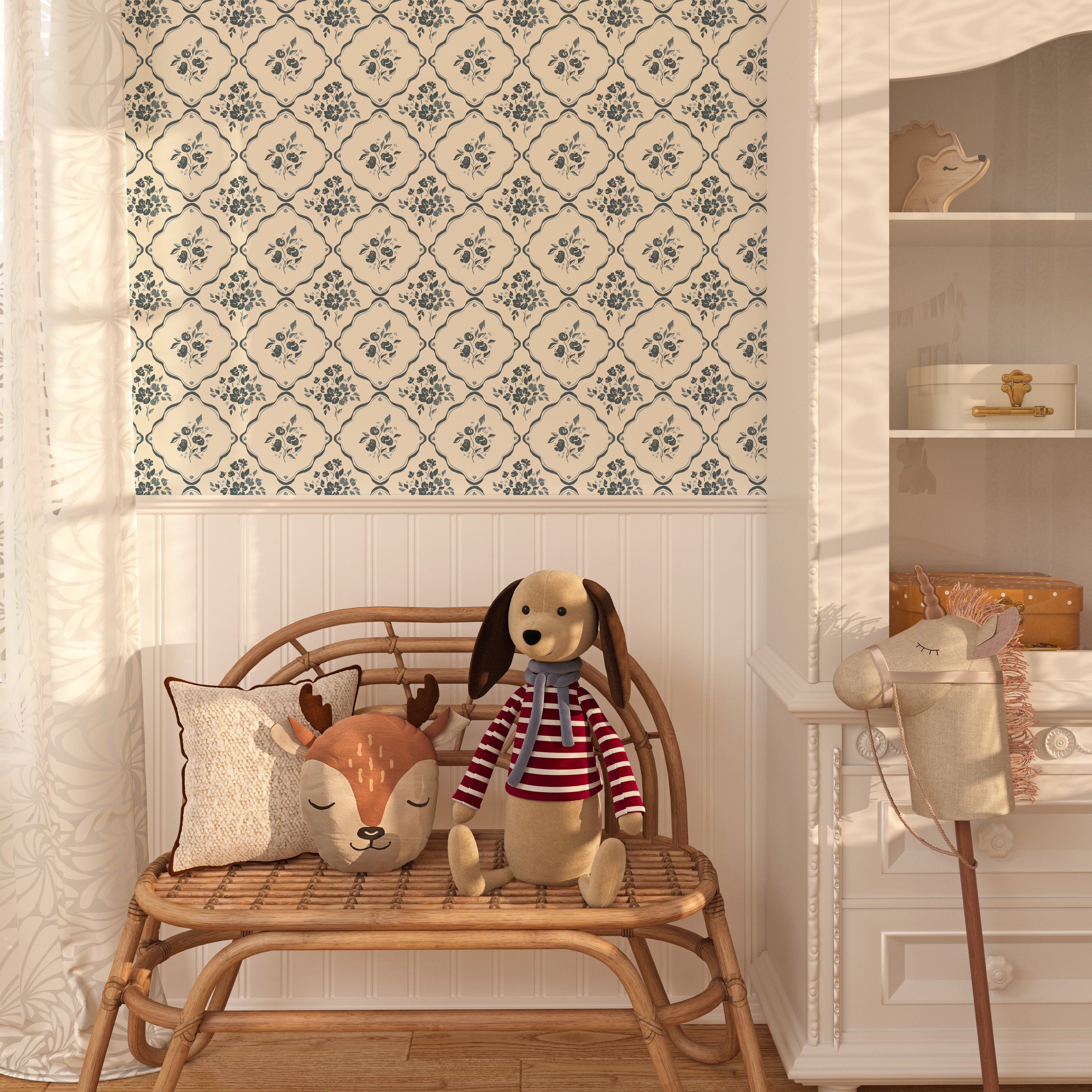 Nina Floral Wallpaper in Off-White, Charcoal, and Deep-Red