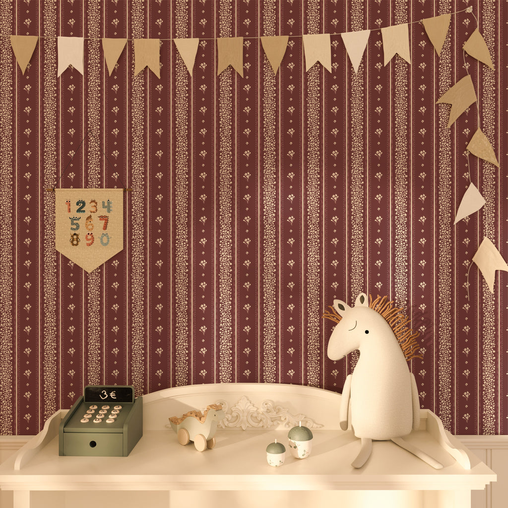 Lyla Striped Wallpaper in Burgundy, Blue, and Cream