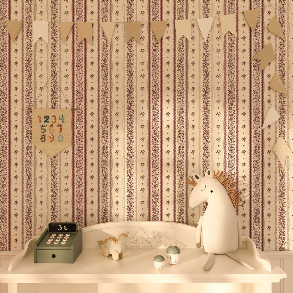 Lyla Striped Wallpaper in Burgundy, Blue, and Cream