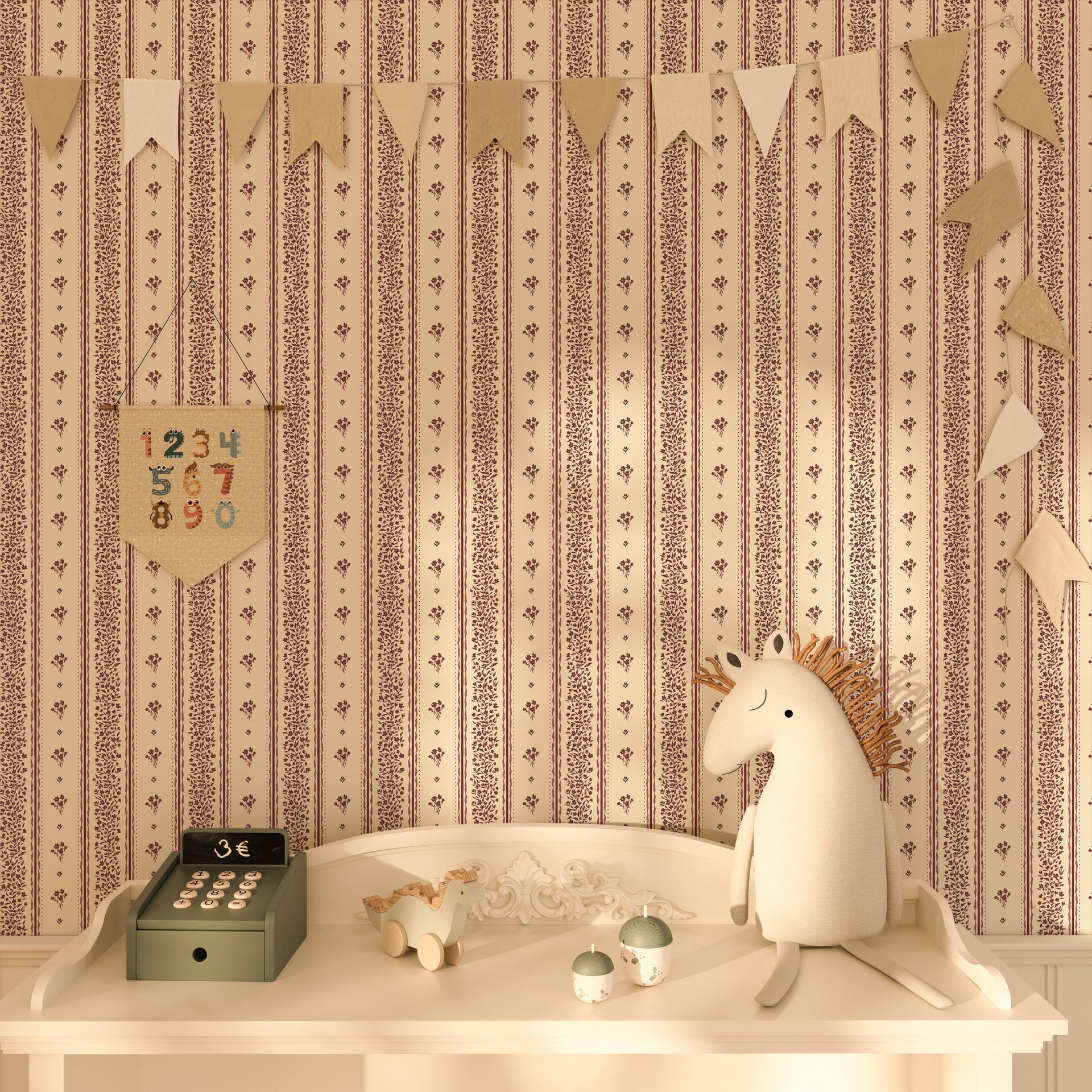 Lyla Striped Wallpaper in Burgundy, Blue, and Cream