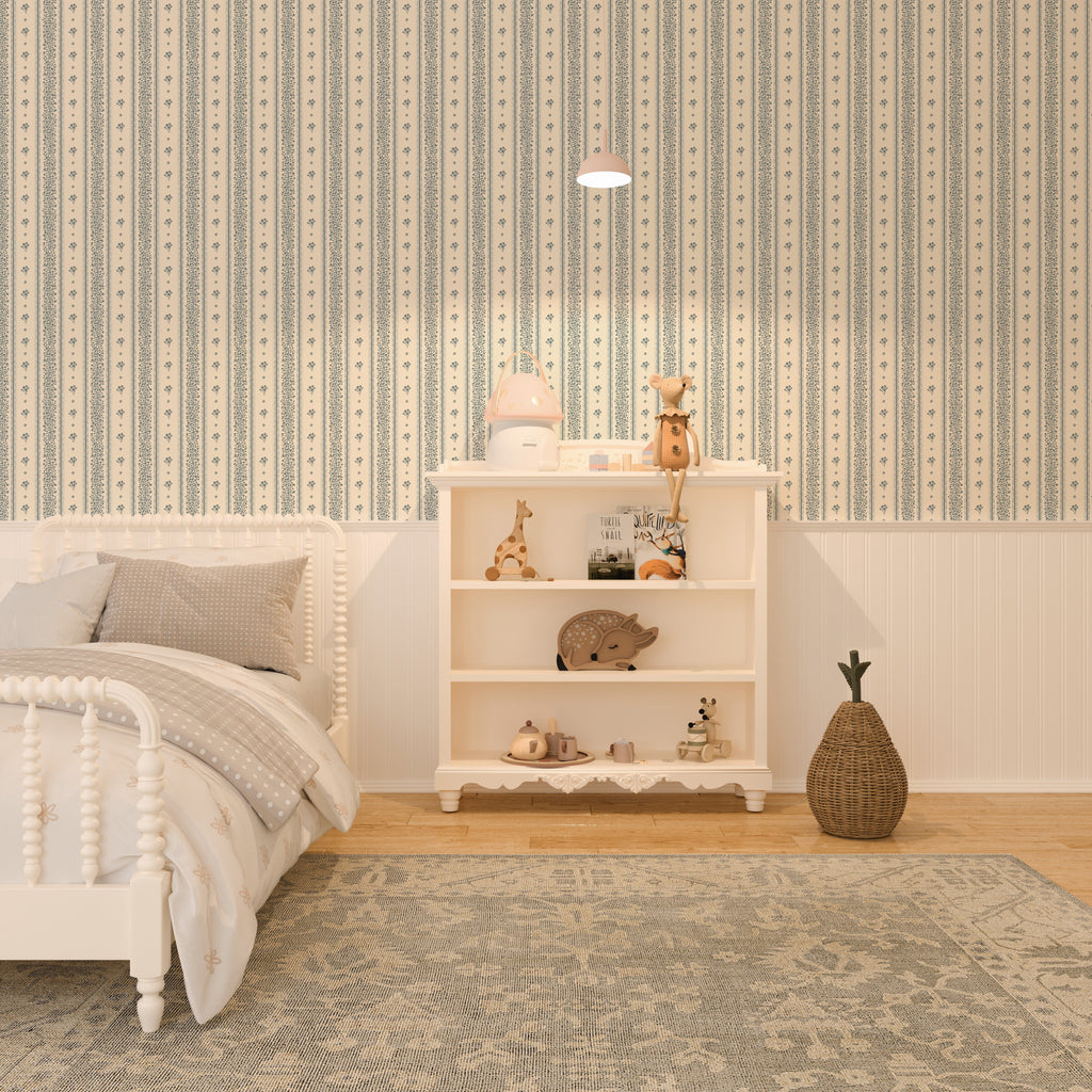 Lyla Striped Wallpaper in Burgundy, Blue, and Cream