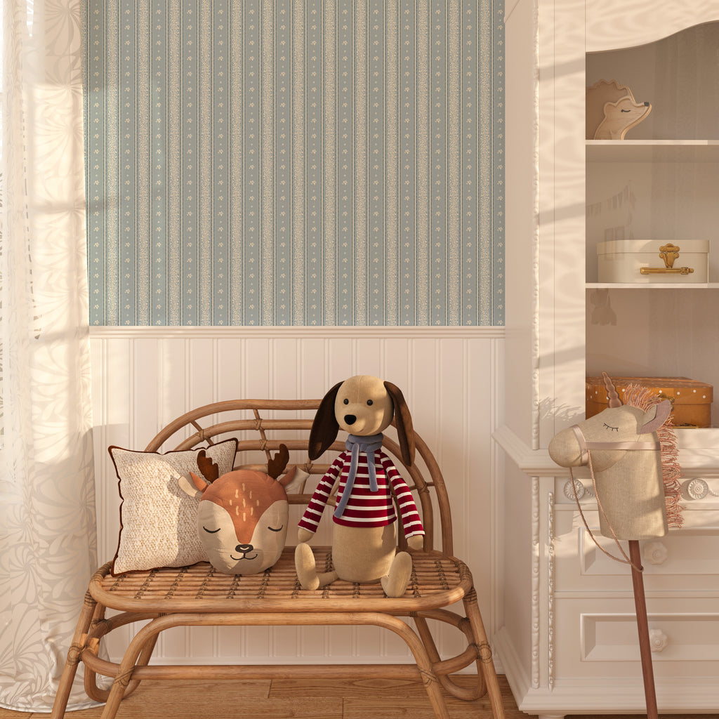 Lyla Striped Wallpaper in Burgundy, Blue, and Cream