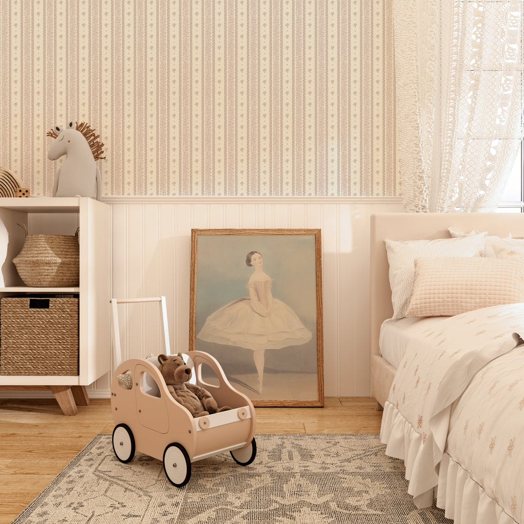 Lyla Striped Wallpaper in Burgundy, Blue, and Cream