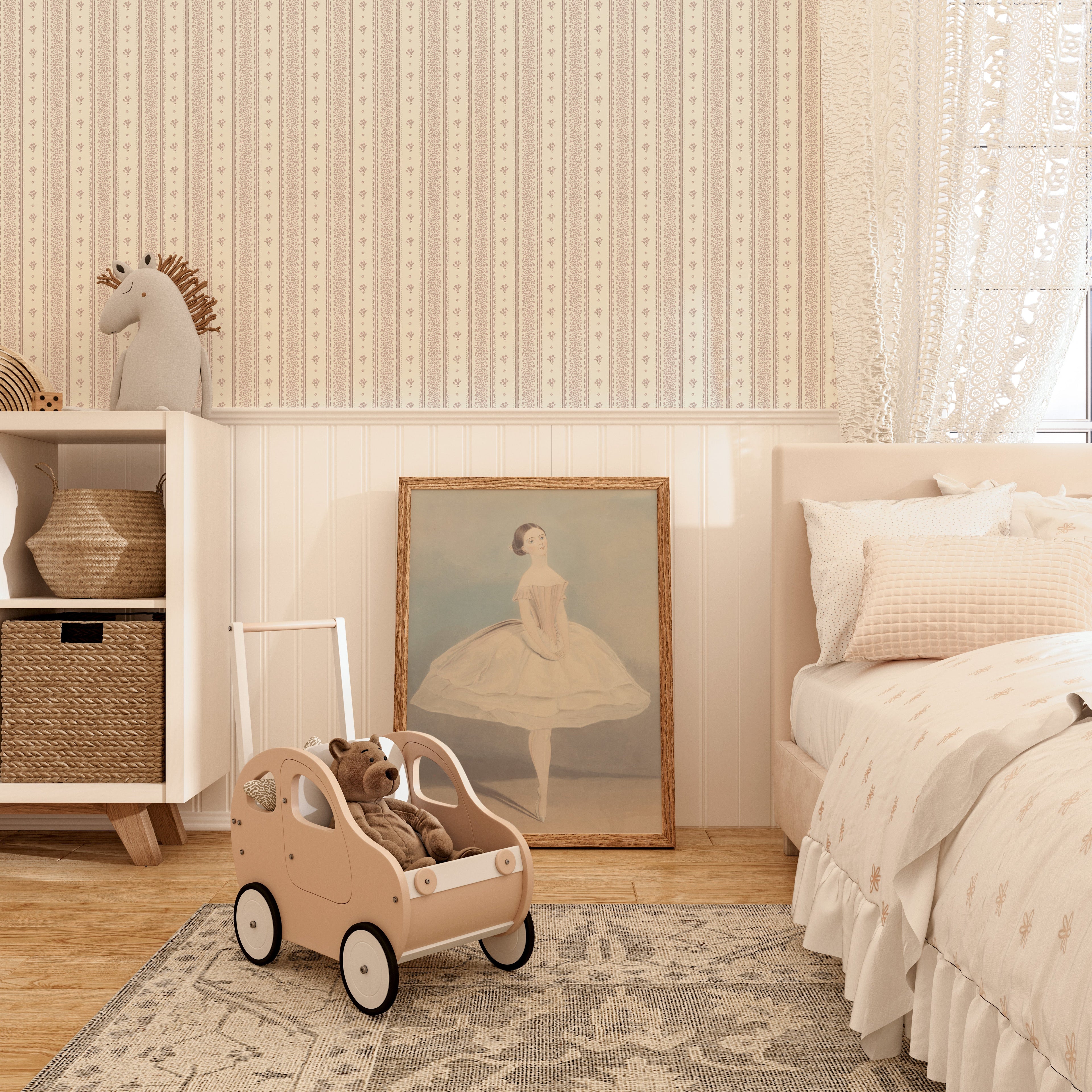 Lyla Striped Wallpaper in Burgundy, Blue, and Cream