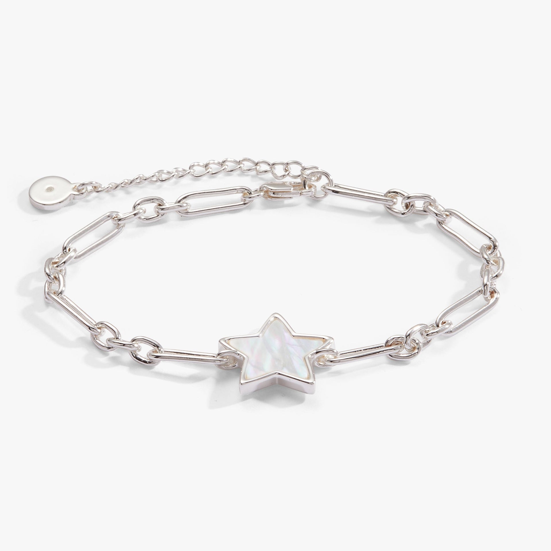 Silver-finish bracelet with a white mother of pearl star charm and lobster clasp closure.