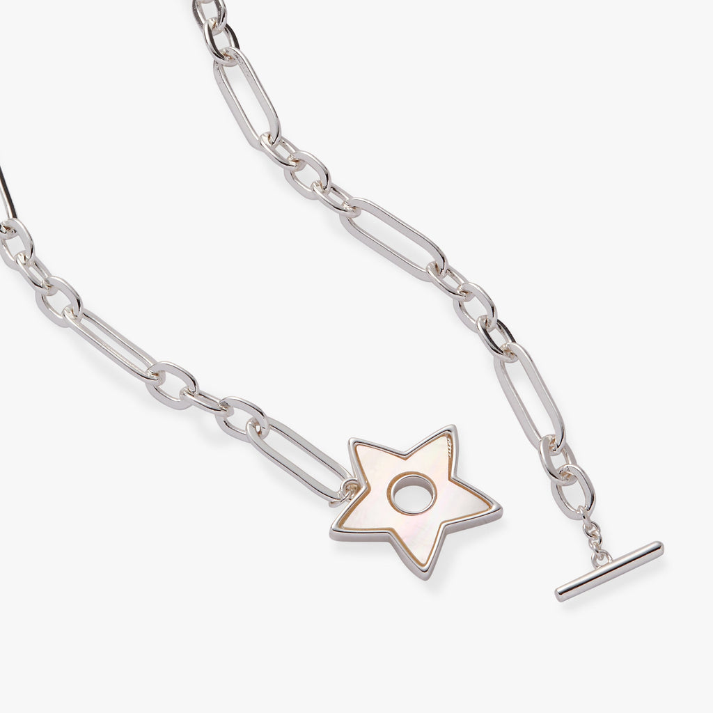 Celestial Mother of Pearl Star Toggle Necklace in Silver & White