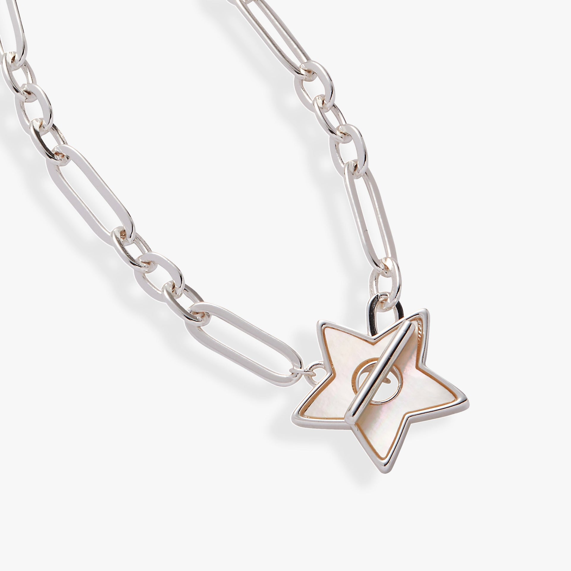 Celestial Mother of Pearl Star Toggle Necklace in Silver & White