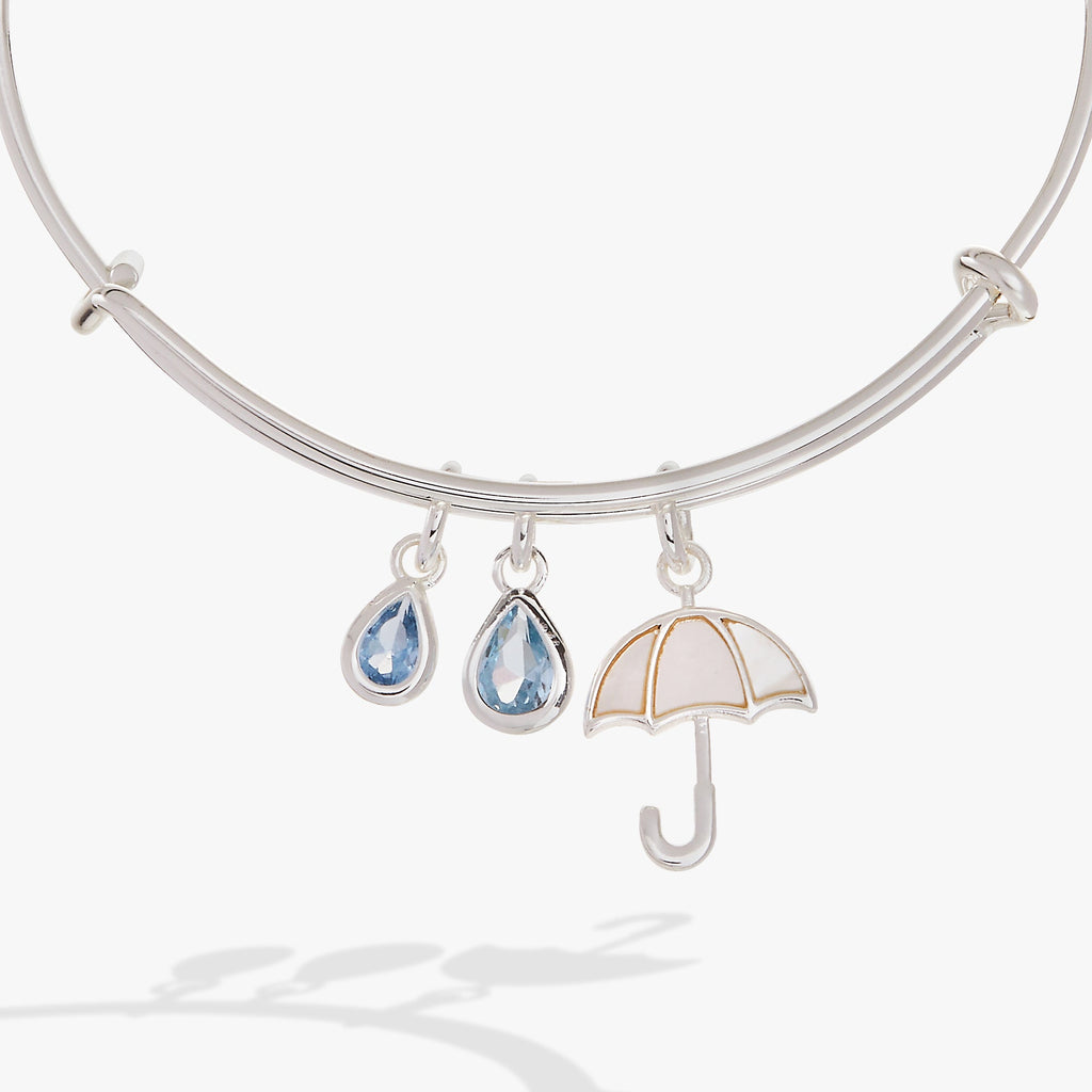 Mother of Pearl Umbrella Charm Bangle with Blue Crystal Raindrops