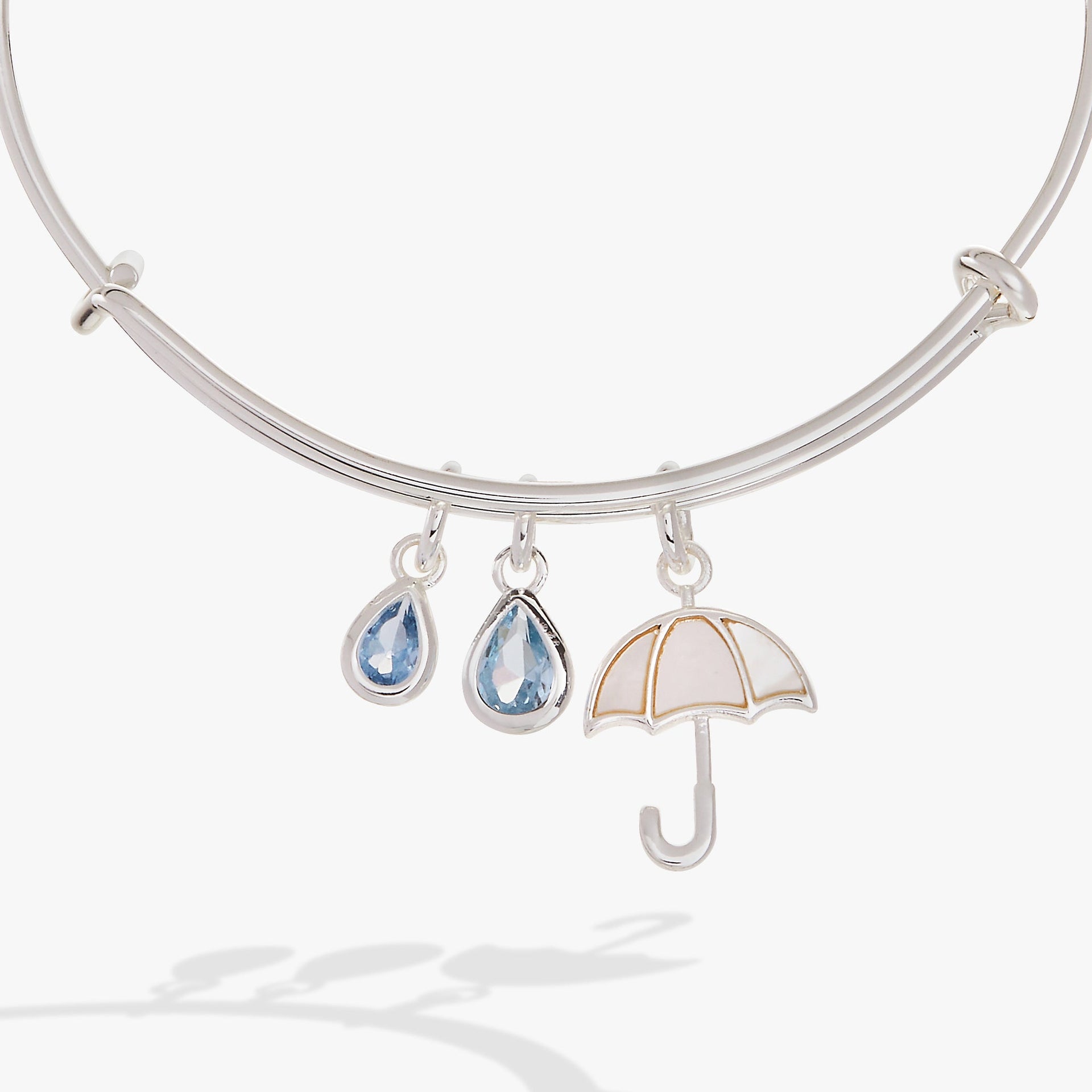 Mother of Pearl Umbrella Charm Bangle with Blue Crystal Raindrops