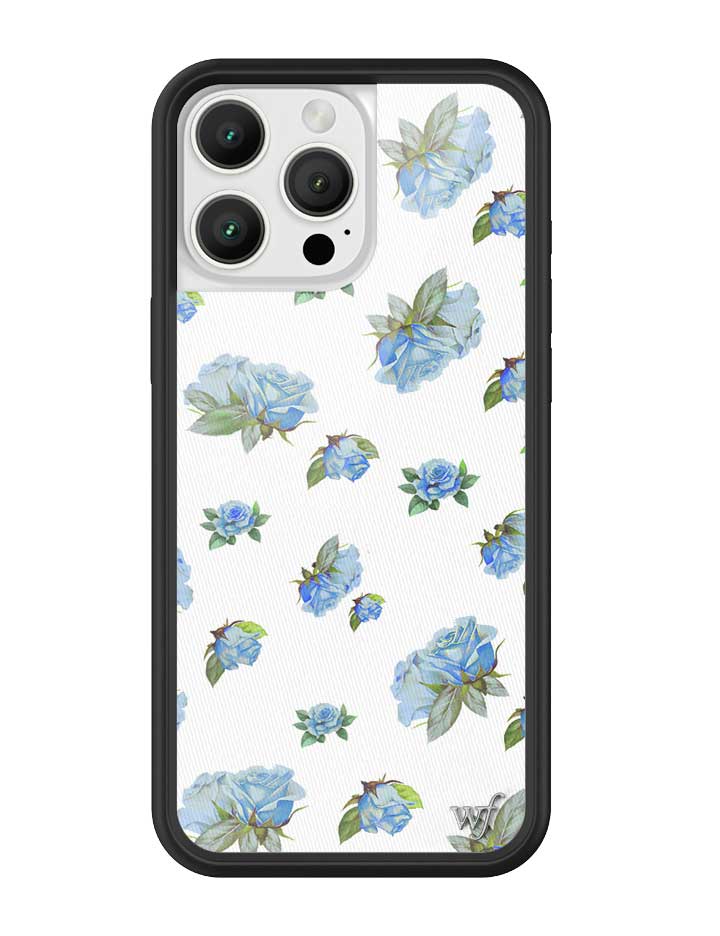 A close-up view of the Moonlight Rose iPhone case showing blue rose floral patterns on a white background with a black rubber bumper and silver logo emblem.